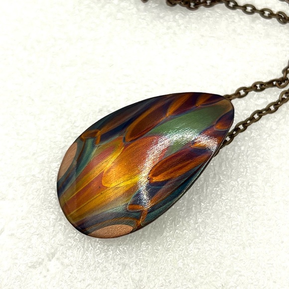 Copper Painted  Teardrop Pendant Necklace Artisan Made One of a kind Colorful - Picture 6 of 15